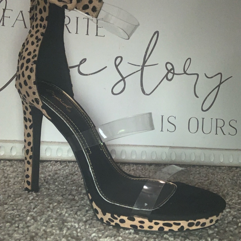 Qupid Leopard Print Clear Strap Stiletto Sandal - Tan, Black